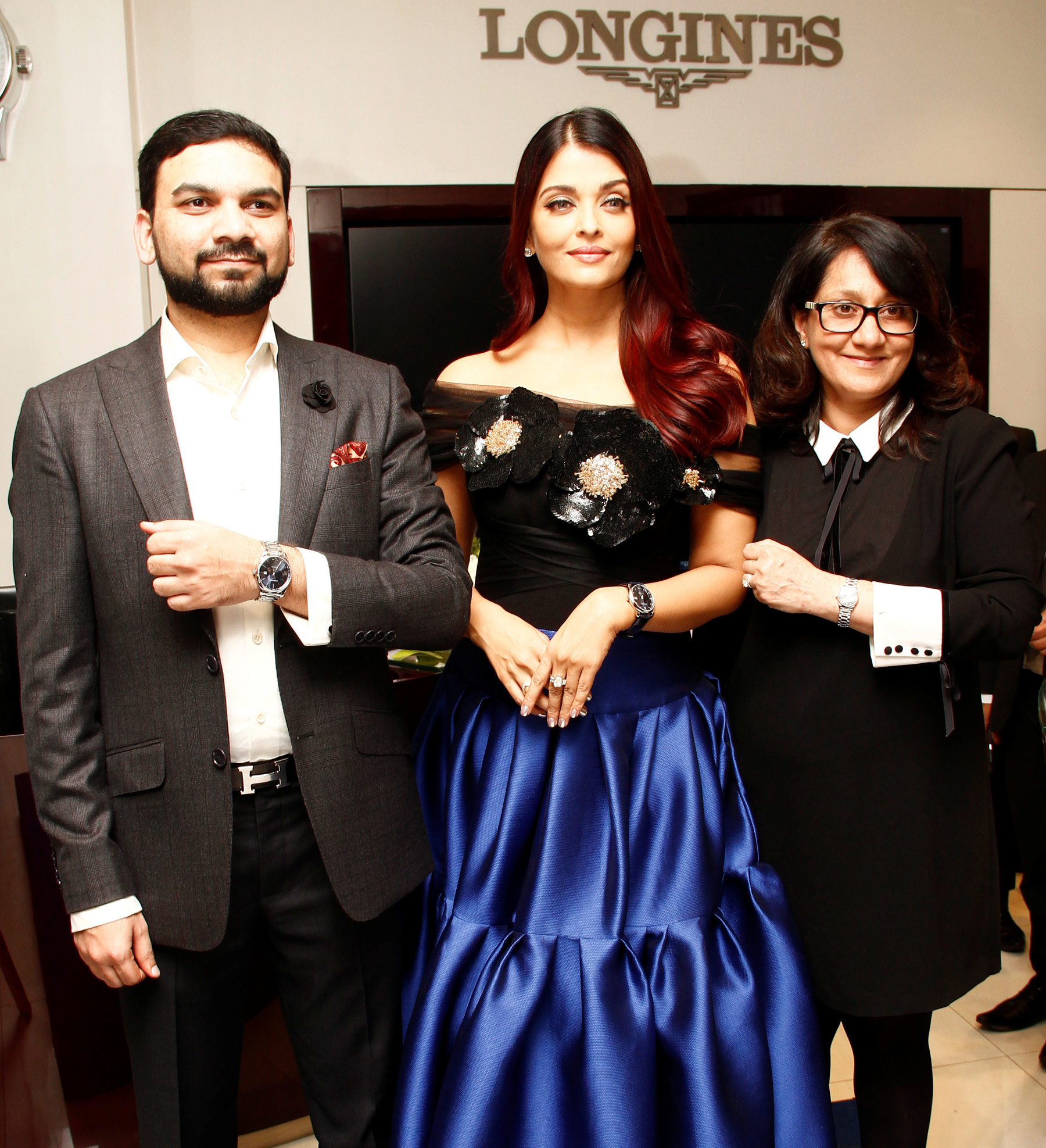Ms. Achla Chawla, Brand Manager, Longines India, Mr. Sharjeel Khan, Director, Zimson Times Pvt. Ltd. and Longines Ambassador of Elegance, Aishwarya Rai Bachchan at the launch of Longines Master Collection blue dial at Longines Boutique, U.B. City, Bengaluru.