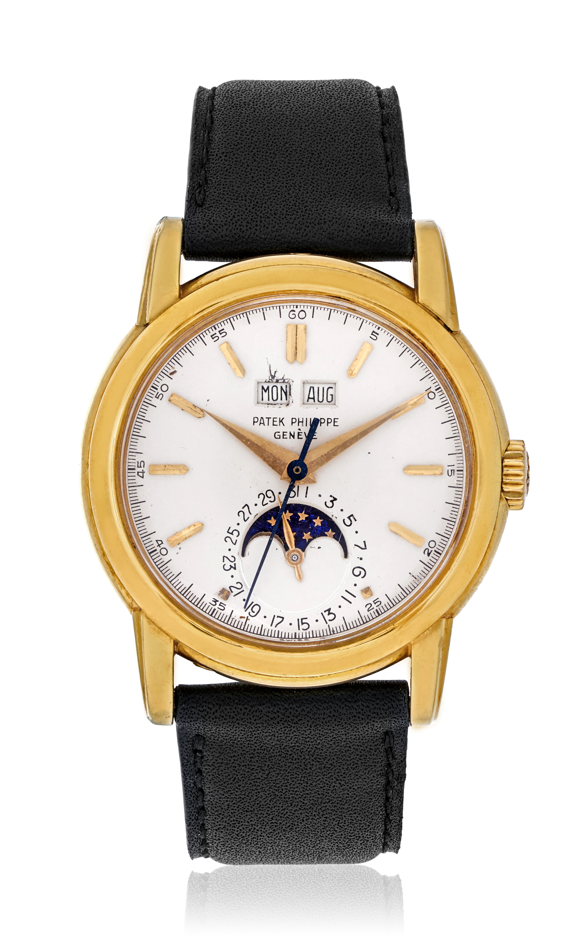 Patek Philippe, Perpetual Calendar, ref. 2438, Estimate 150,000 to 250,000 USD. This reference 2438 has an estimate of $150,000-250,000 with a start bid at $110,000. A very attractive price and model. This watch was recently discovered from an estate by a member of the original family. It’s a fresh to market piece in honest condition.
