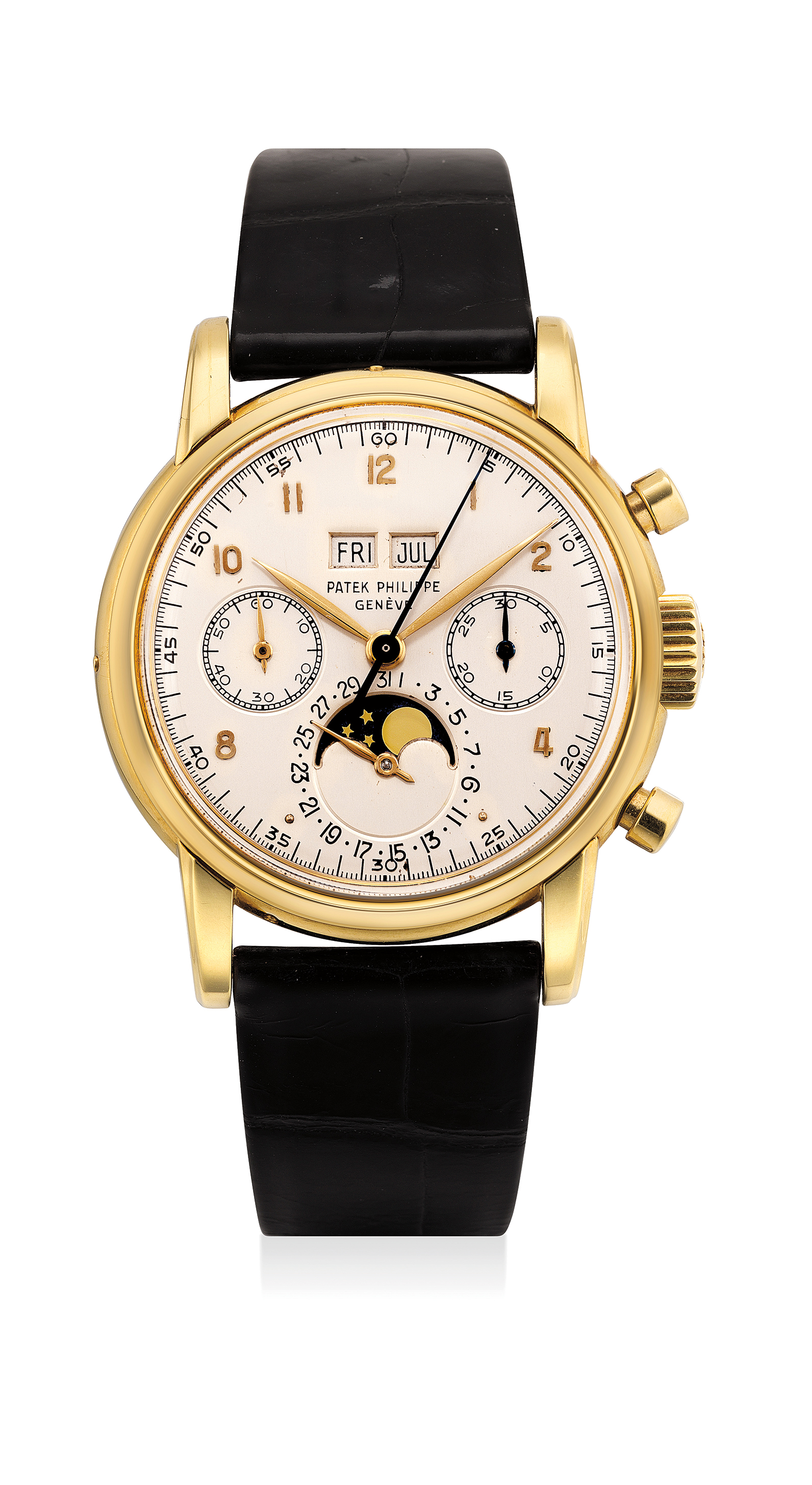 Yellow gold perpetual calendar wristwatch with moonphase. Sold for $641,500