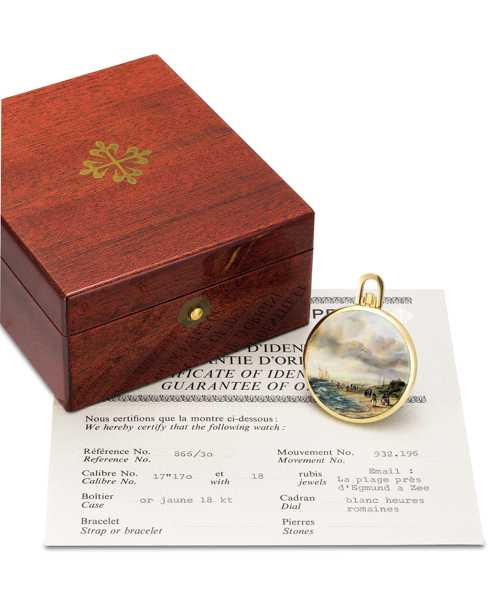 Yellow gold open face pocket watch, with a miniature enamel painting by Suzanne Rohr. Comes with the original certificate and a fitted presentation box. Sold for $410,560