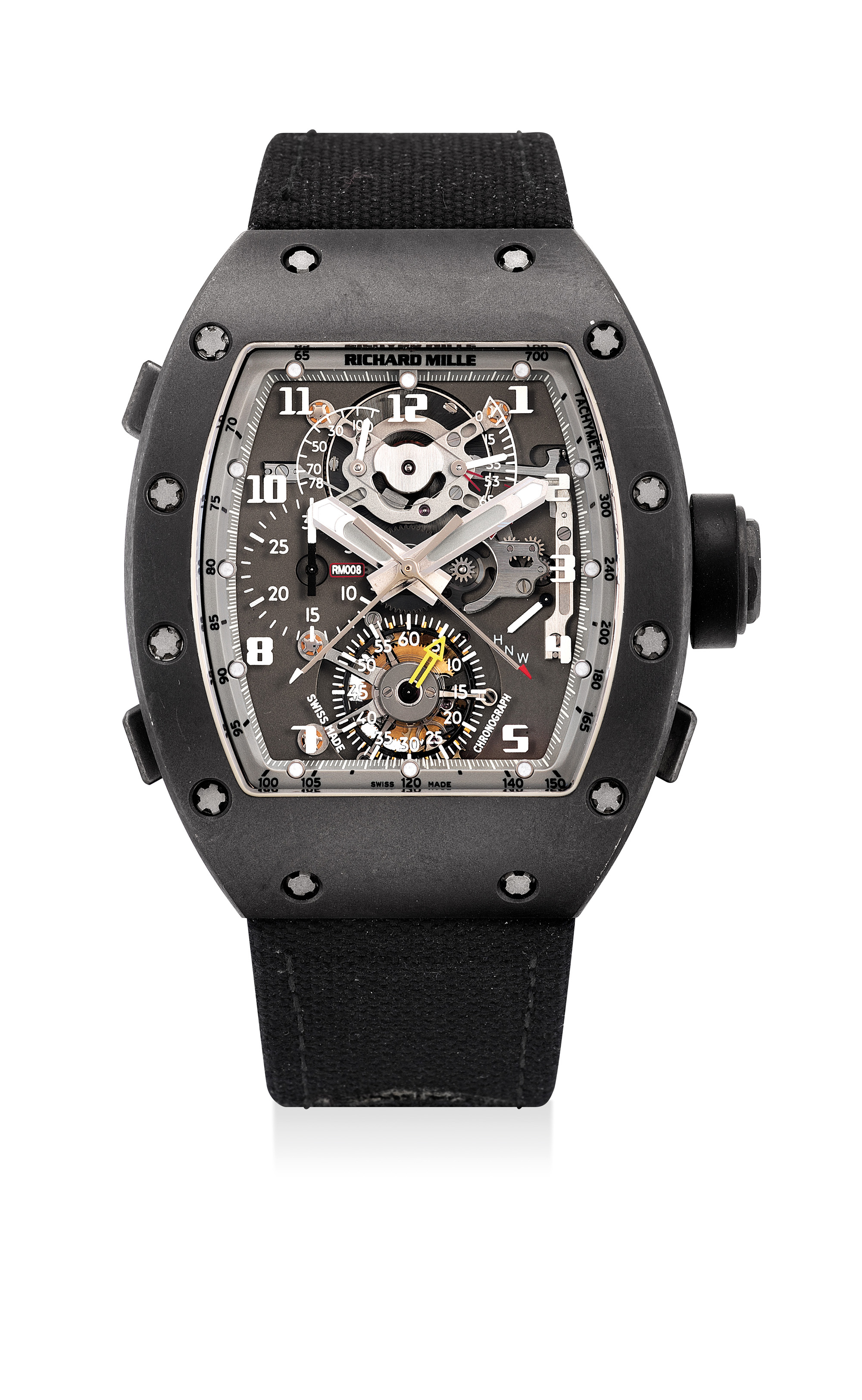 A unique DLC-treated titanium split seconds chronograph tourbillon wristwatch with guitar, golf balls, framed drawing of the present movement, original certificate and fitted presentation box. Sold for $364,372