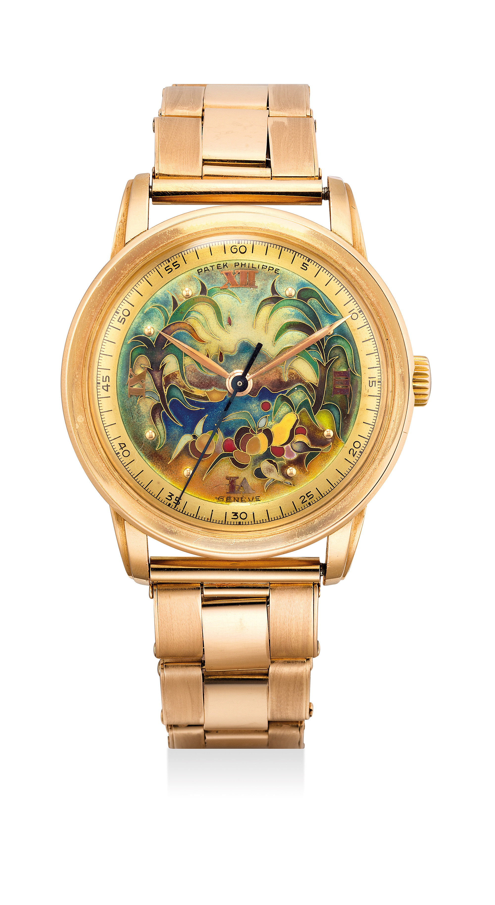 An extremely fine and important pink gold wristwatch with ‘Jungle’ cloisonné enamel dial and Gay Frères bracelet, reference 2481, manufactured in 1951