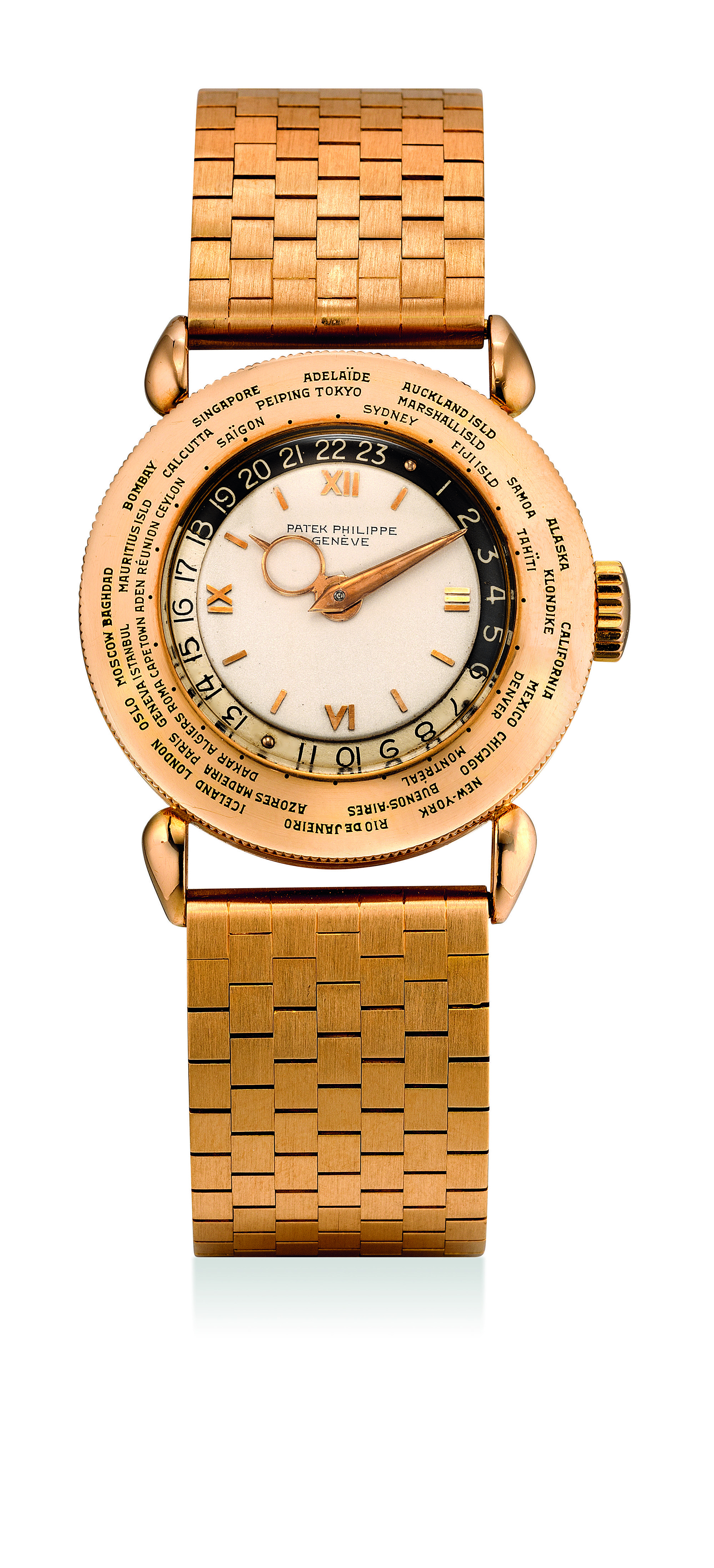  An extremely fine and impressive pink gold worldtime wristwatch with bracelet, reference 1415, manufactured in 1948
