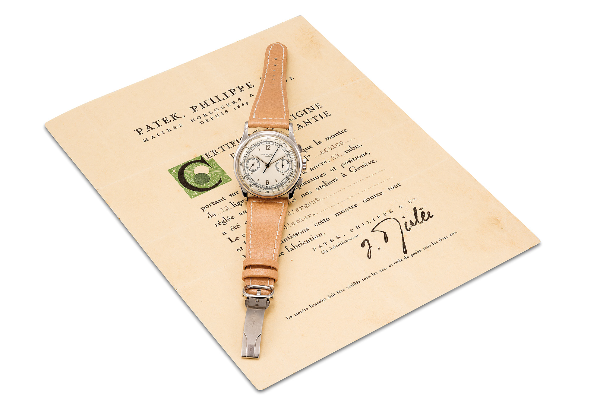 A very fine and important stainless steel chronograph wristwatch with original certificate, reference 530, manufactured in 1943
