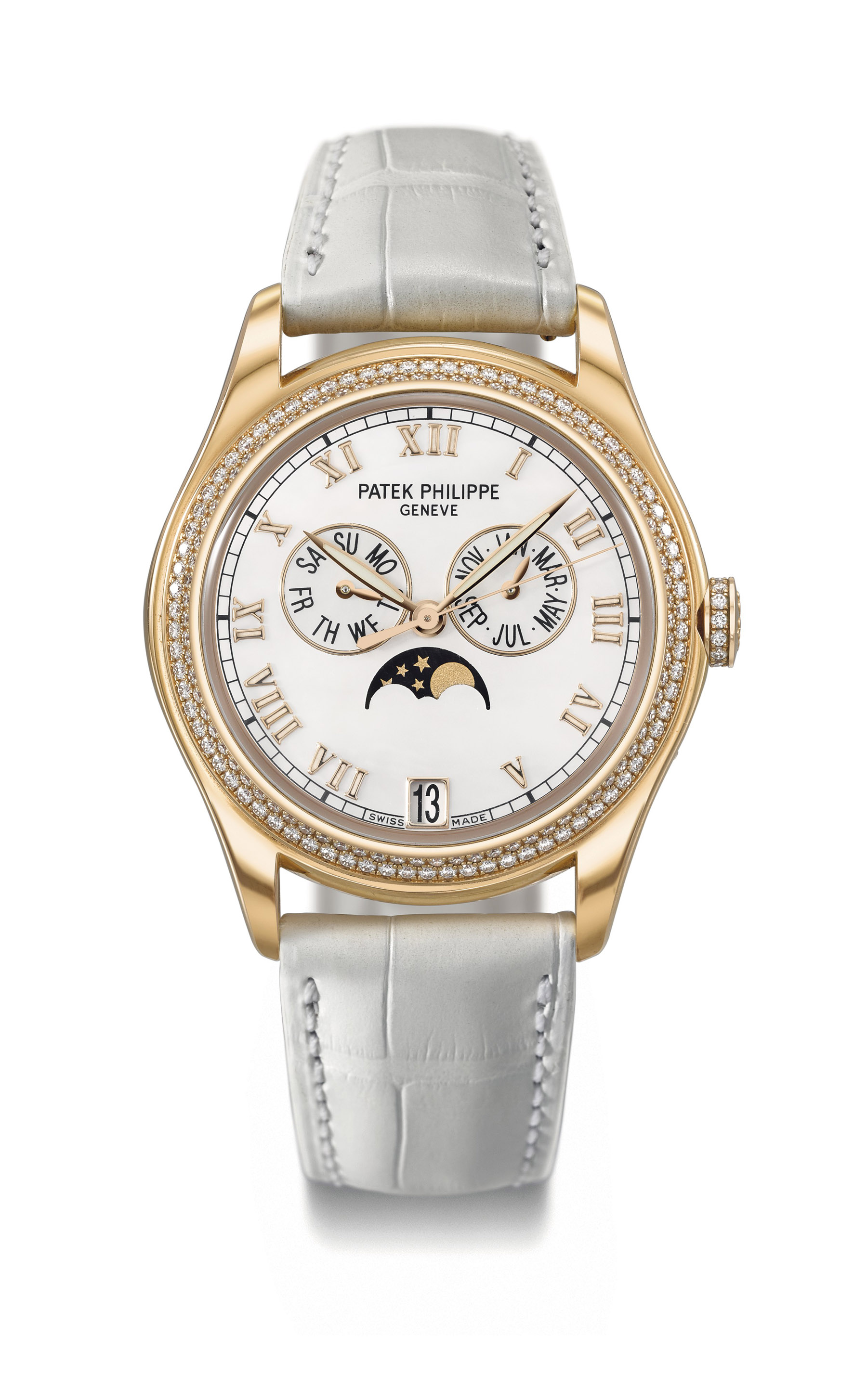 Patek Philippe. A lady's fine and elegant 18K pink gold and diamond-set automatic annual calendar wristwatch with sweep centre seconds, moon phases and mother-of-pearl dial Ref. 4936R-001, circa 2014 Estimate CHF 25,000 – 35,000