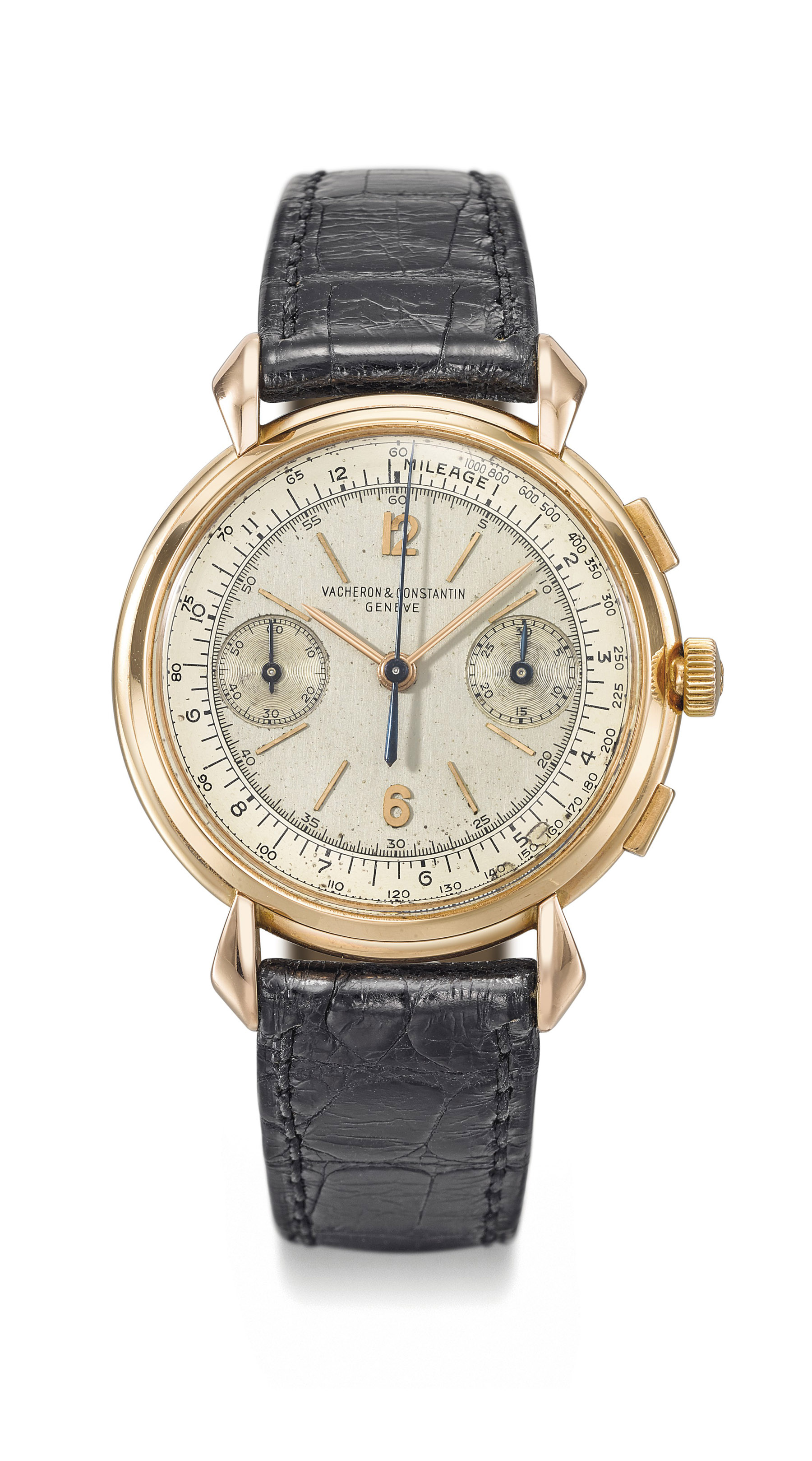 Vacheron constantin. A rare and attractive 18K pink gold chronograph wristwatch with two-tone silvered dial,  Ref. 4178, manufactured in 1945 Estimate CHF 16,000 – 24,000