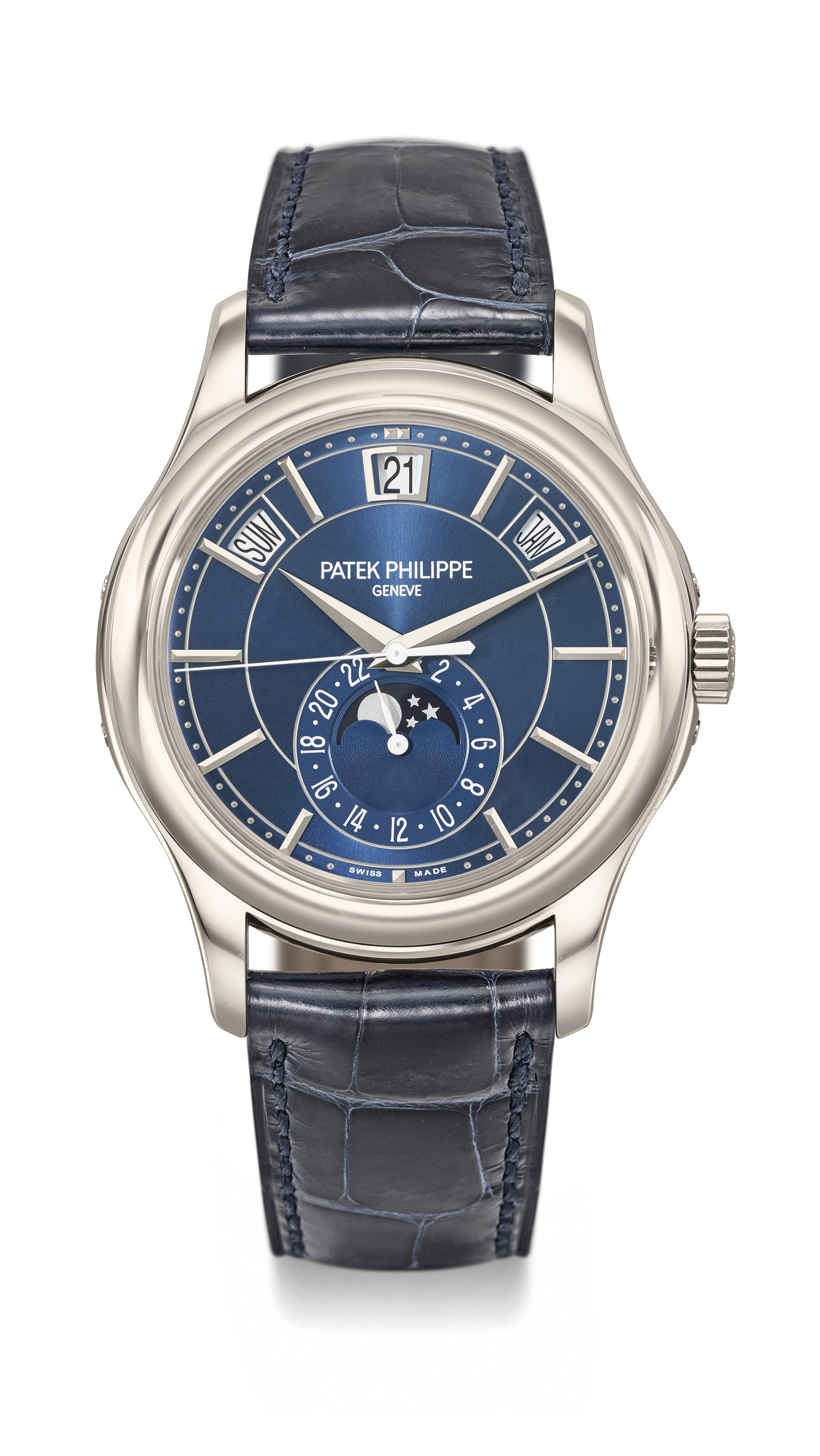 Patek Philippe. A very fine and rare limited edition 18K white gold automatic annual calendar wristwatch with 24 hour indication, sweep centre seconds and moon phases, made for the 5TH anniversary of the Beyer boutique in Zurich Ref. 5205G-011, Manufactured in 2016 Estimate CHF 35,000 – 55,000