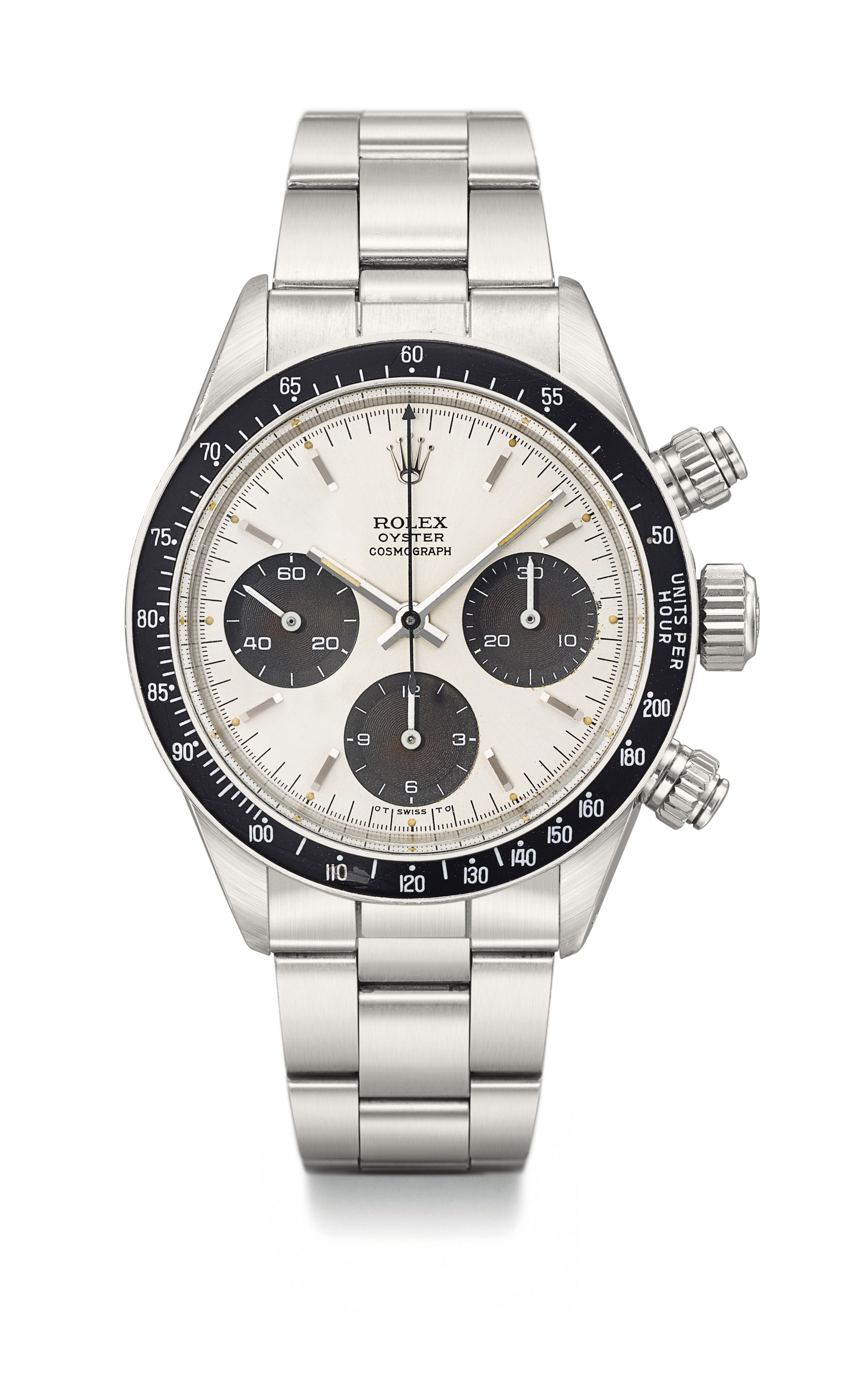 Rolex. A very fine and rare stainless steel chronograph wristwatch with bracelet and tropical sigma dial Ref. 6263, Circa 1973 Estimate CHF 80,000 – 120,000