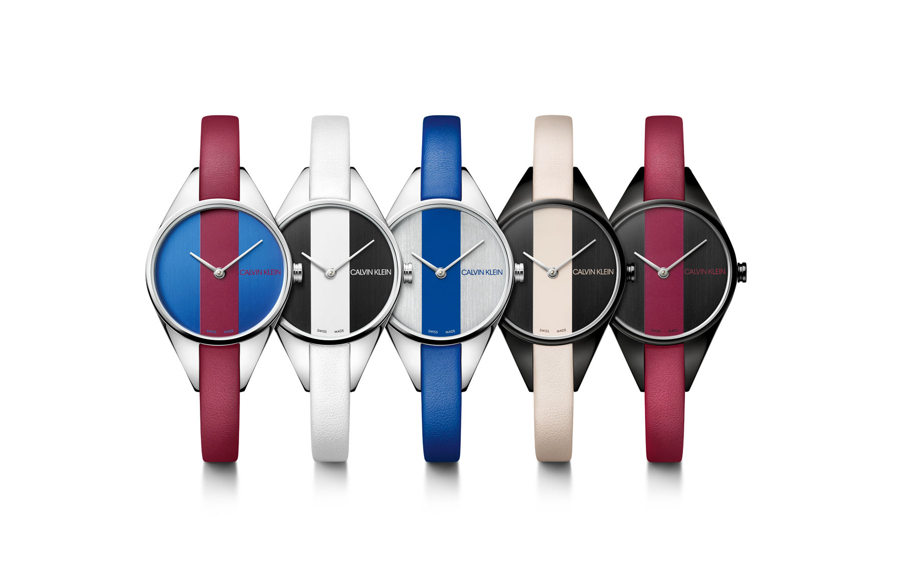 Playful and rebellious, the watch offers five variations with contrasting leather straps in white, red, blue, cream and to go with the dials –black, blue, silver - on stainless steel or black PVD cases.