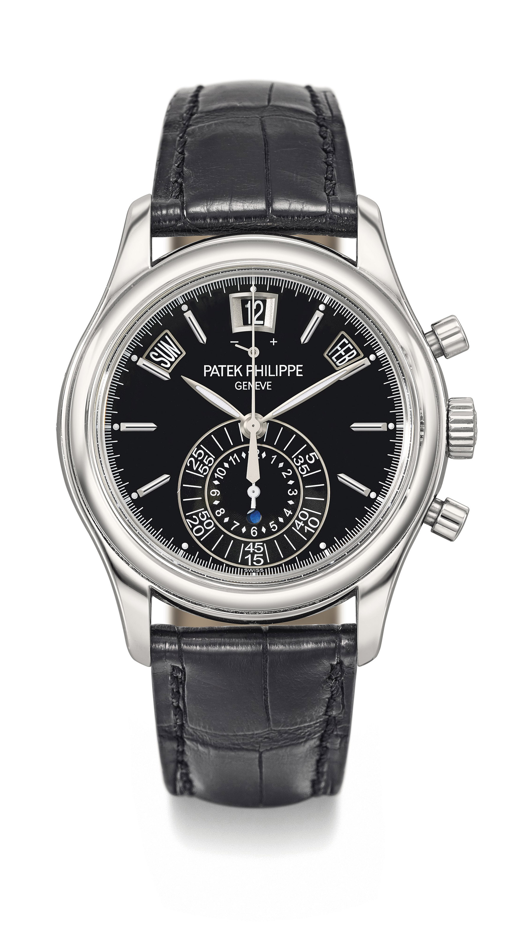 Patek Philippe. A very fine and rare platinum automatic annual calendar chronograph wristwatch with day and night indication, power reserve and black dial Ref. 5960P-016, Circa 2013 Estimate CHF 55,000 – 85,000