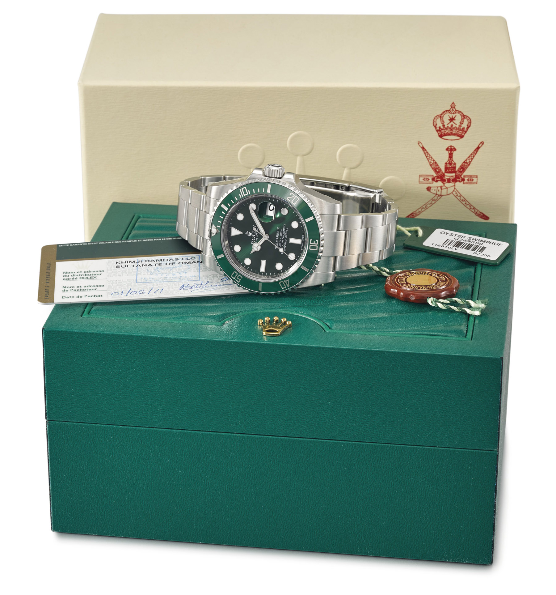 Rolex. A fine and rare stainless steel automatic wristwatch with sweep centre seconds, date and bracelet, made for the Sultan of Oman Ref. 116610lv, circa 2011 Estimate CHF 10,000 – 15,000
