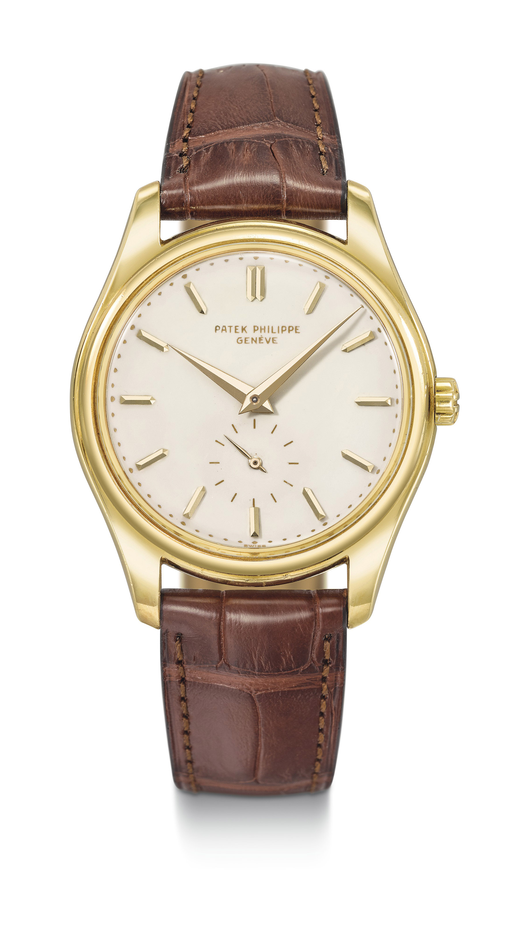 Patek Philippe. A very fine, rare and attractive 18K gold automatic wristwatch with cream-coloured enamel dial  Ref. 2526, manufactured in 1953 Estimate CHF 20,000 – 40,000