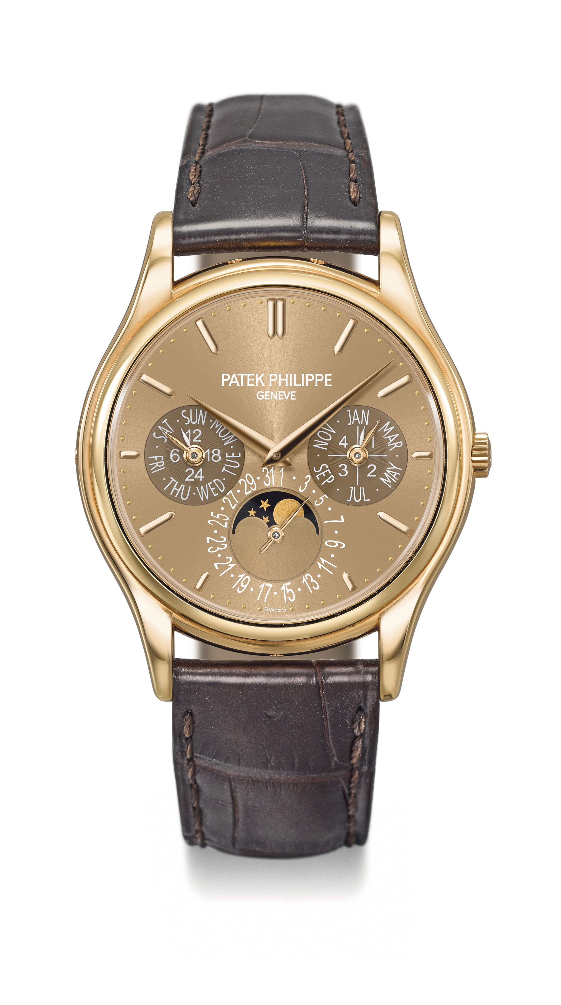 Patek Philippe. A very fine 18K pink gold automatic perpetual calendar wristwatch with moon phases, 24 hour, leap year indication and brown dial Ref. 5140R-001, circa 2010 Estimate CHF 30,000 – 50,000