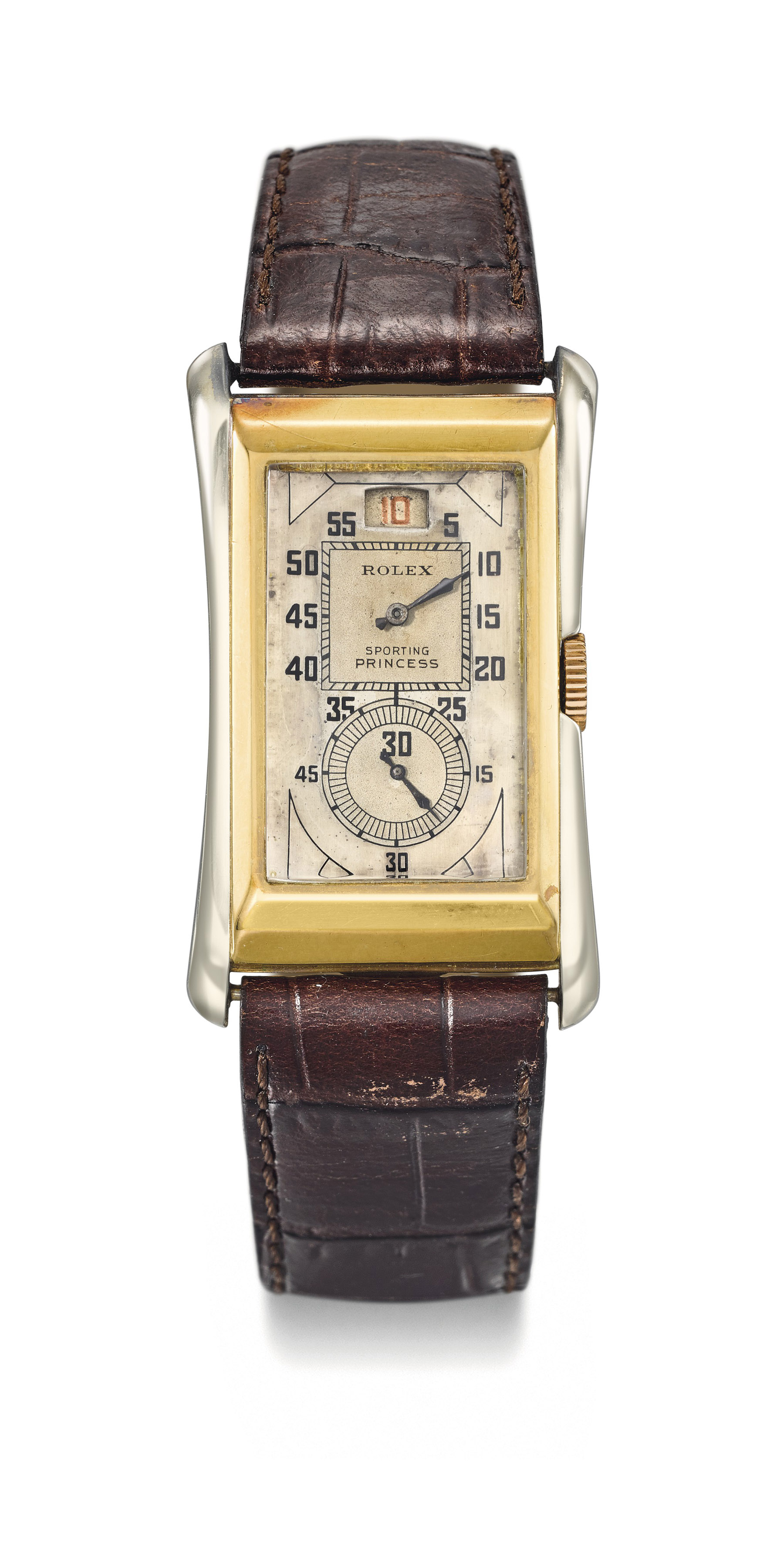 Rolex. A fine two-colour 18K yellow and white gold rectangular wristwatch with jumping hour  Ref. 1491, the case stamped with Glasgow marks for 1930-1931 Estimate CHF 8,000 – 12,000