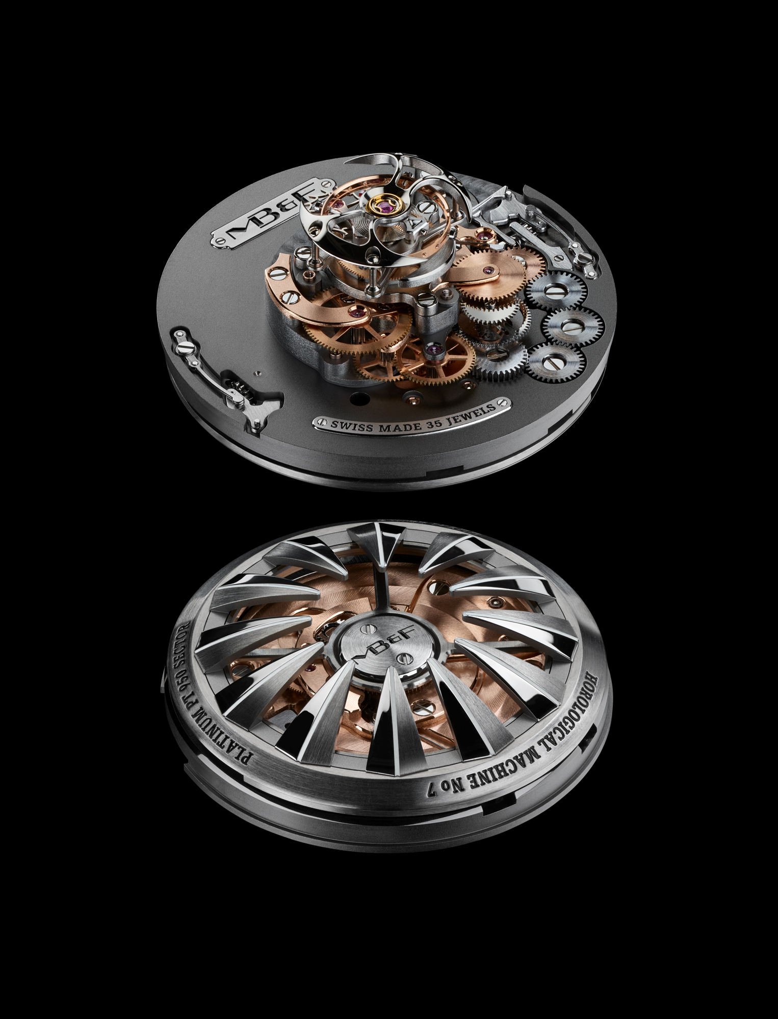 From bottom to top, the winding rotor, mainspring barrel, hour and minute indications, and flying tourbillon are all concentrically mounted around the central axis. Energy travels from the rotor at the very bottom of the movement to the flying tourbillon regulator at the very top via gearing acting like a series of stairs, allowing power to transition from one level to the next. This concentric architecture allows for the hours and minutes to be displayed around the periphery of the movement; however, this presented a serious challenge in itself: how to support such large-diameter time display rings? The answer was to develop extra-large diameter ceramic ball bearings, to support the spherical segment hour and minute displays and rotate with a very low coefficient of friction. The spherical segment discs are in aluminium and titanium for both minimum mass and maximum rigidity.