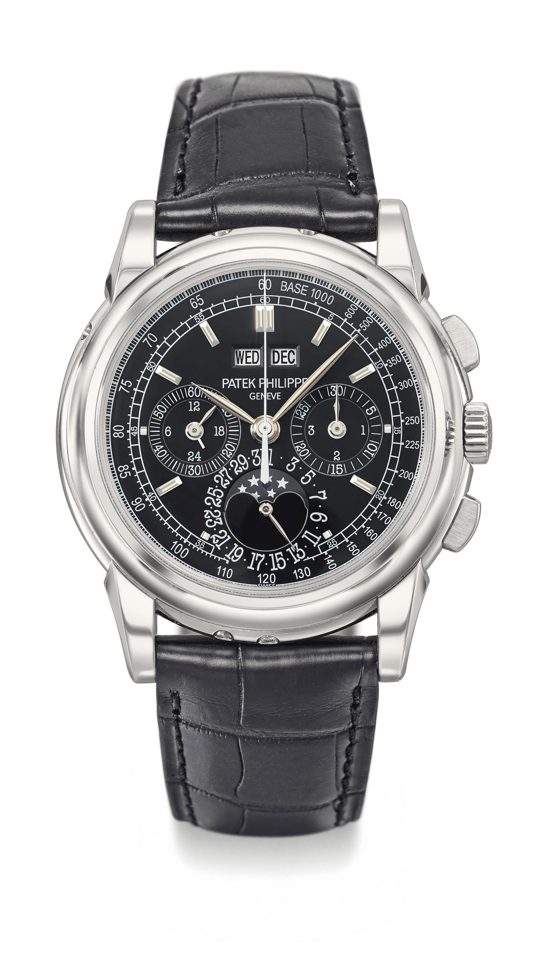 Patek Philippe. A very fine and rare platinum perpetual calendar chronograph wristwatch with moon phases, 24 hours indication and black dial Ref. 5970P-001, Circa 2010 Estimate CHF 130,000 – 180,000
