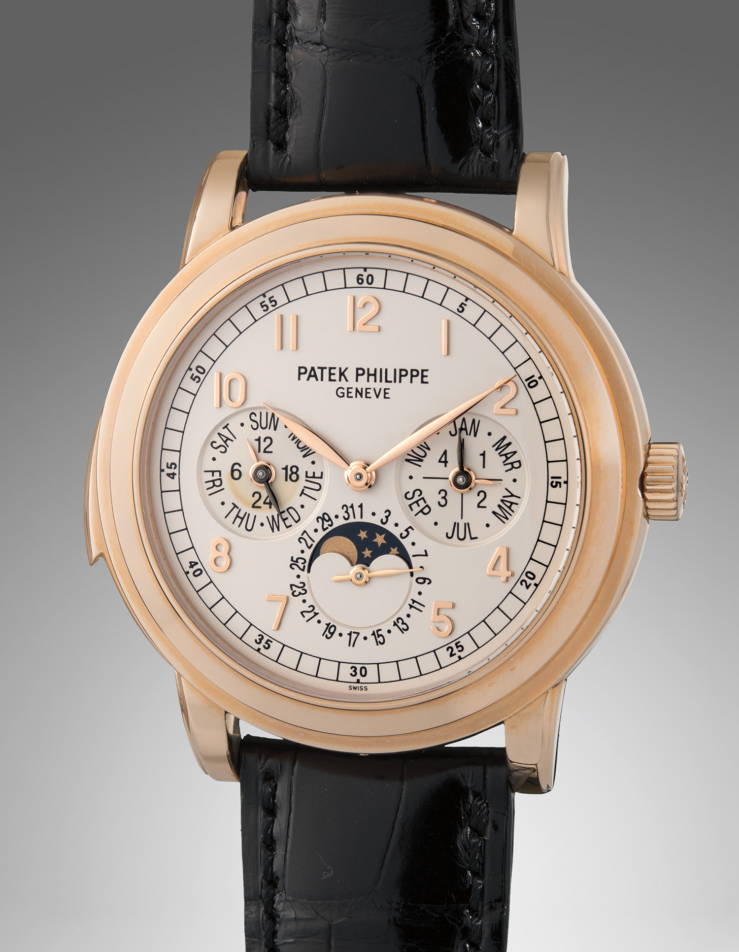 A rare pink gold minute repeating perpetual calendar wristwatch sold for $325,000.