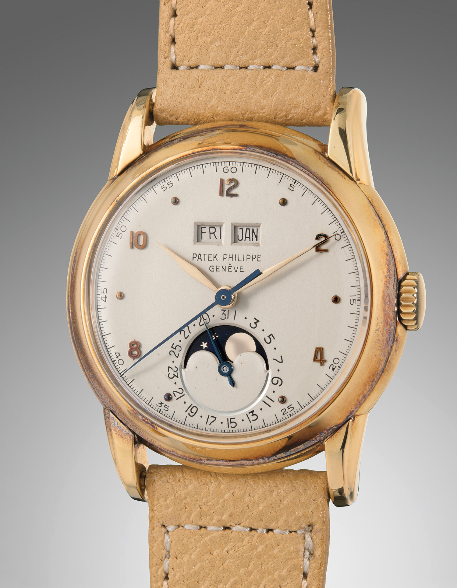 An extremely rare yellow gold perpetual calendar wristwatch, sold for $362,500.