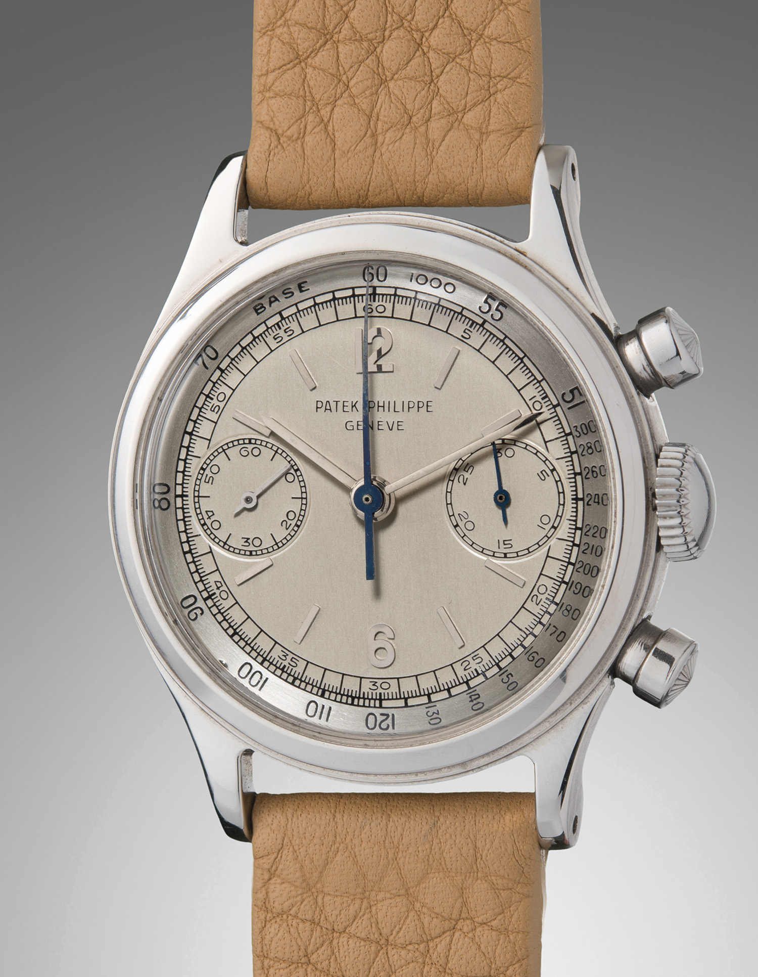 Known as the “Tasti Tondi” the ref. 1463 is one of the most sought-after chronographs thanks to its oversized case, rarity and aesthetic beauty. There were less than 10 per cent which were said to be made in steel. That and the fact that it is one of the eight known pieces with a “two tone” silver dial variation made it very much worth the $495,000.