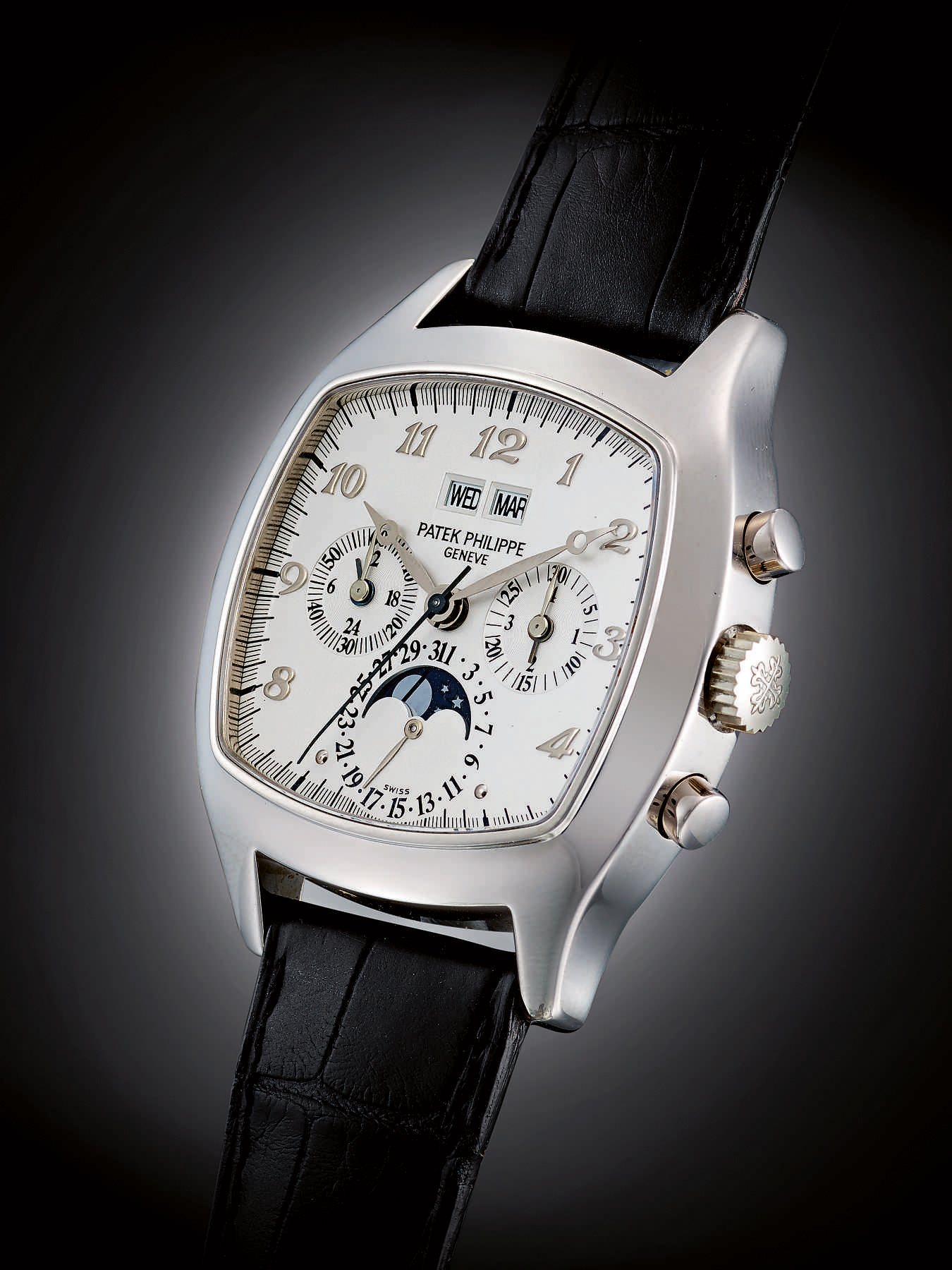 A Fine And Very Rare White Gold Cushion-Form Perpetual Calendar Chronograph Wristwatch With Moon-Phases, Registers And Breguet Numerals Ref 5020g-013 Mvt 3046211 Case 2994144 Circa 2001