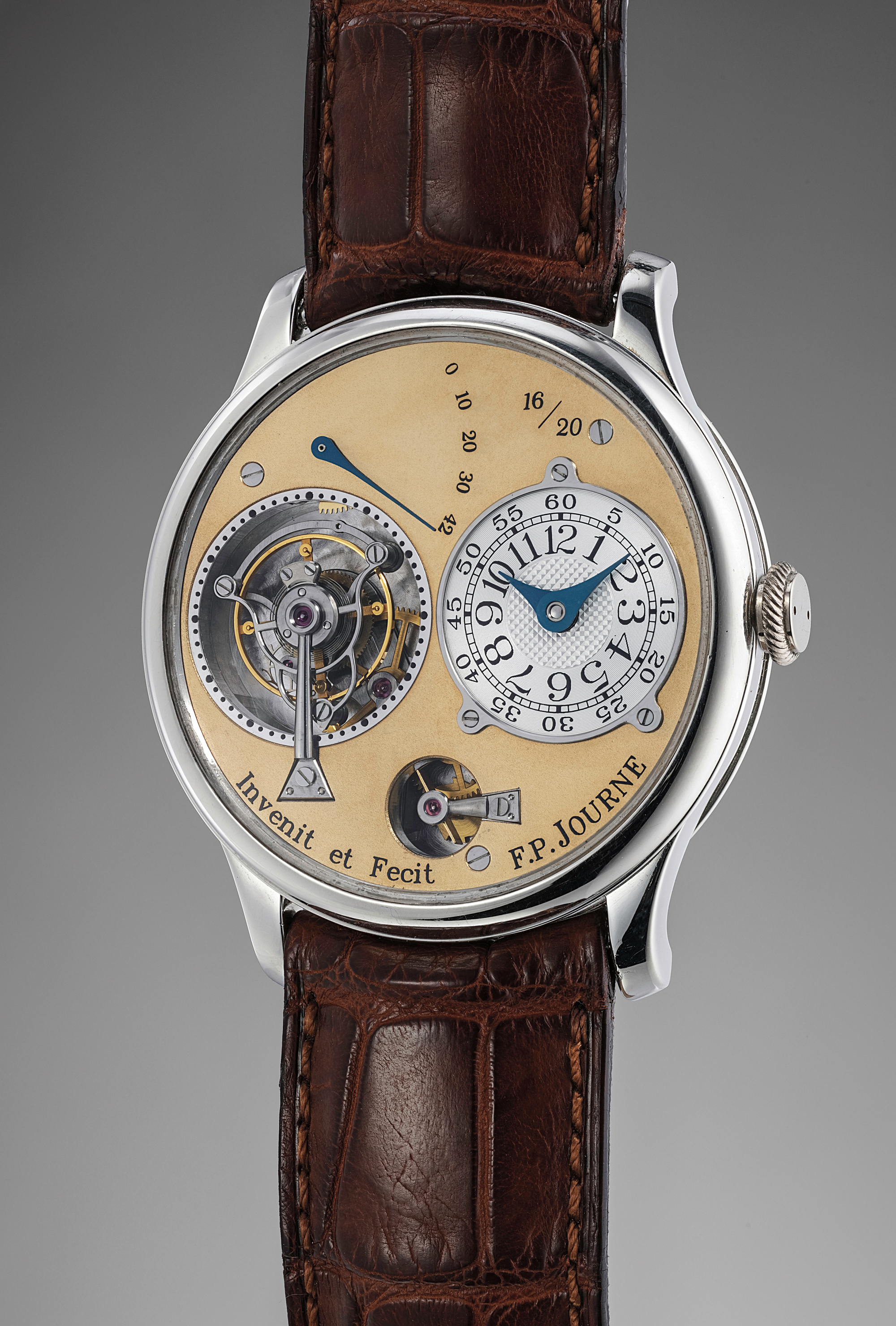 Limited edition platinum tourbillon souscription wristwatch with remontoire.