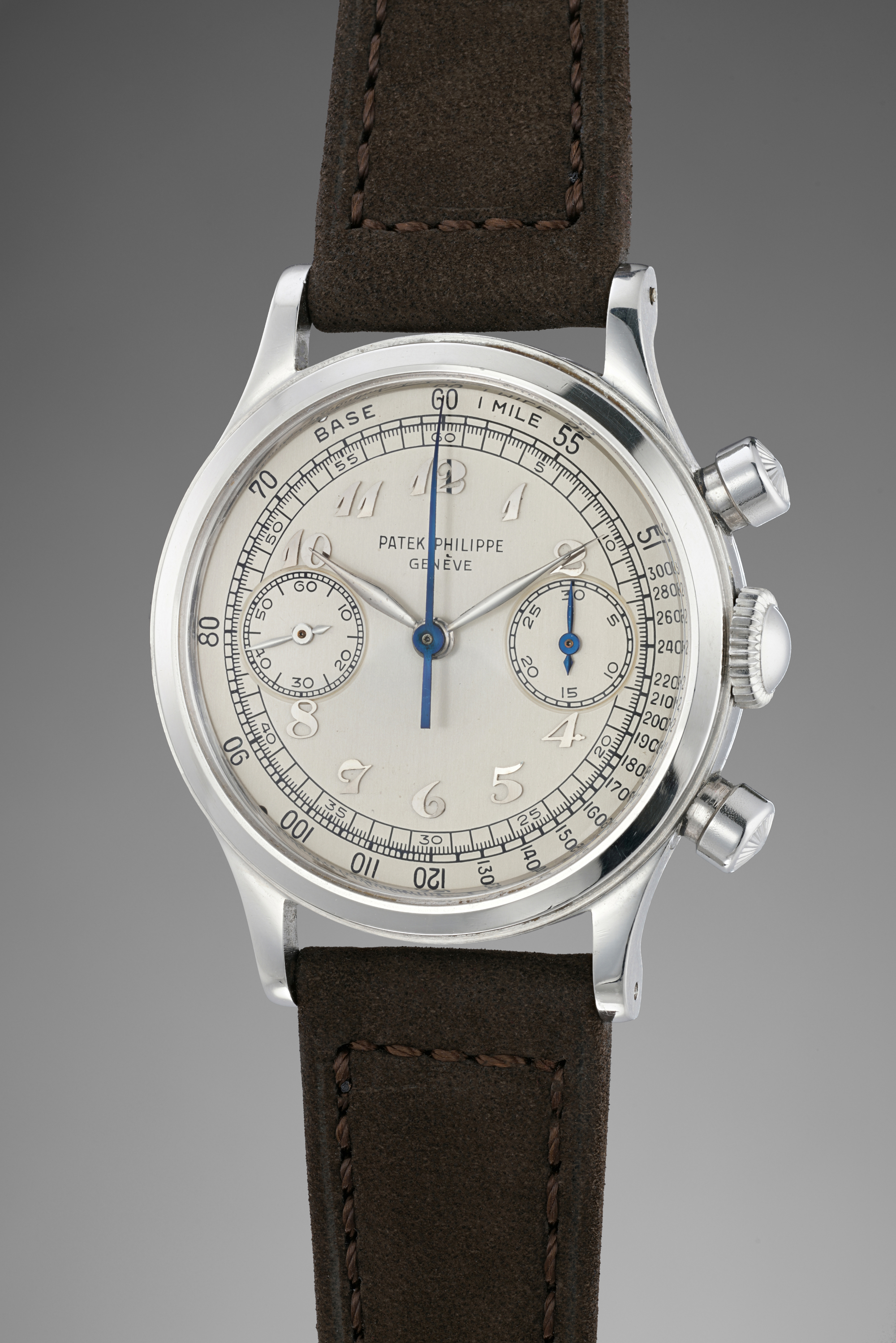 An extremely rare and incredibly well-preserved stainless-steel chronograph wristwatch with Breguet numerals calendar.