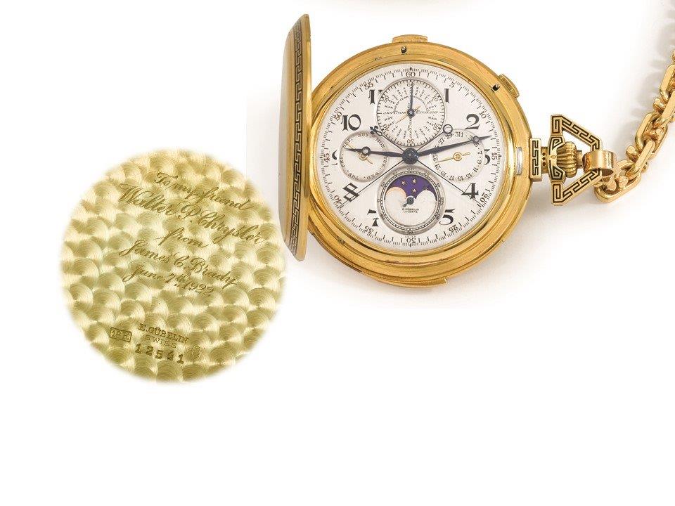With nine complications, including a minute repeating perpetual calendar as well as a split seconds chronograph, this pocket watch was gifted to Mr. Chrysler by his friend and business partner James C. Brady, owner of Maxwell Motor Company in 1922.