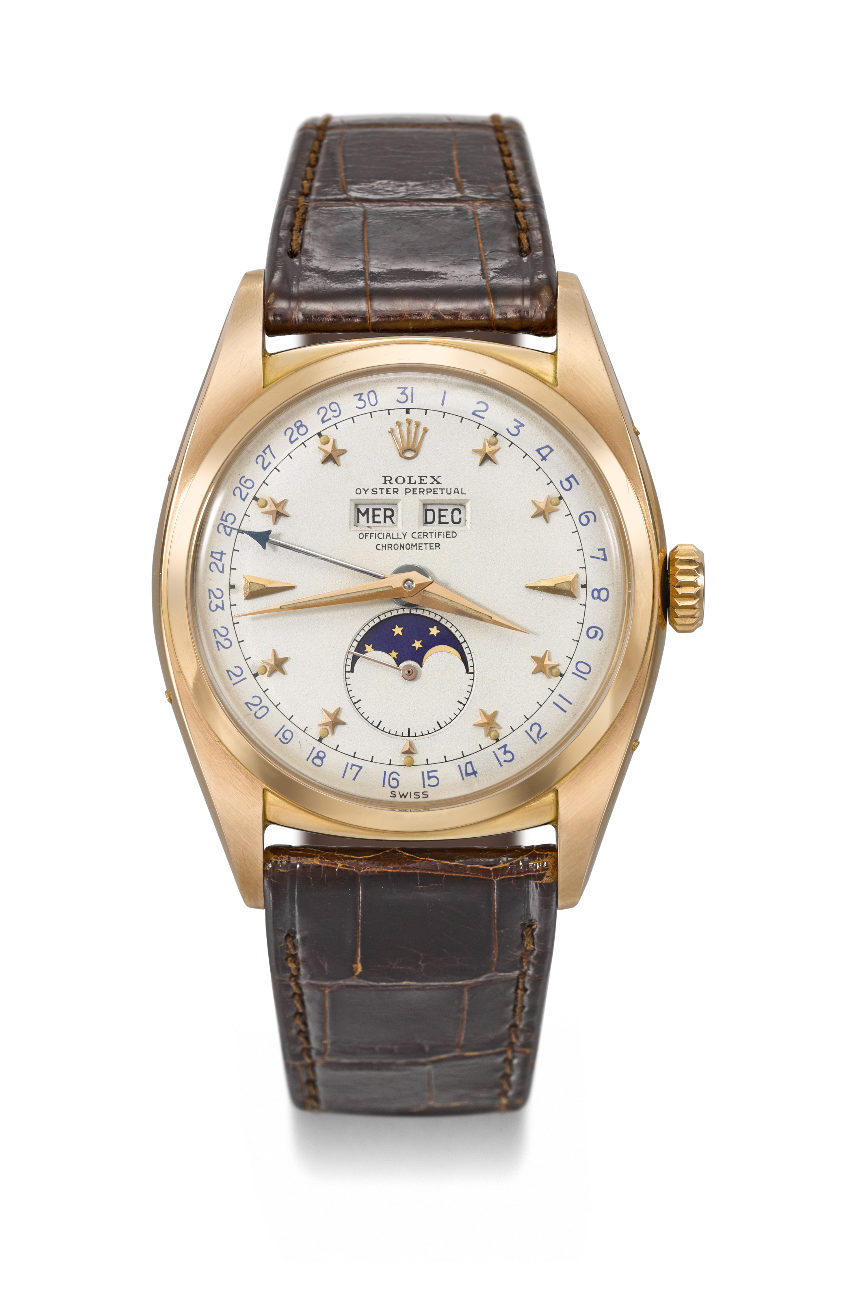 Saving the best for last, the 36mm pink gold Rolex reference 6062 “Stelline” triple calendar with moon phase and, most notably, the celebrated star dial, is one of only two Rolex models from the period to feature the said complication. 