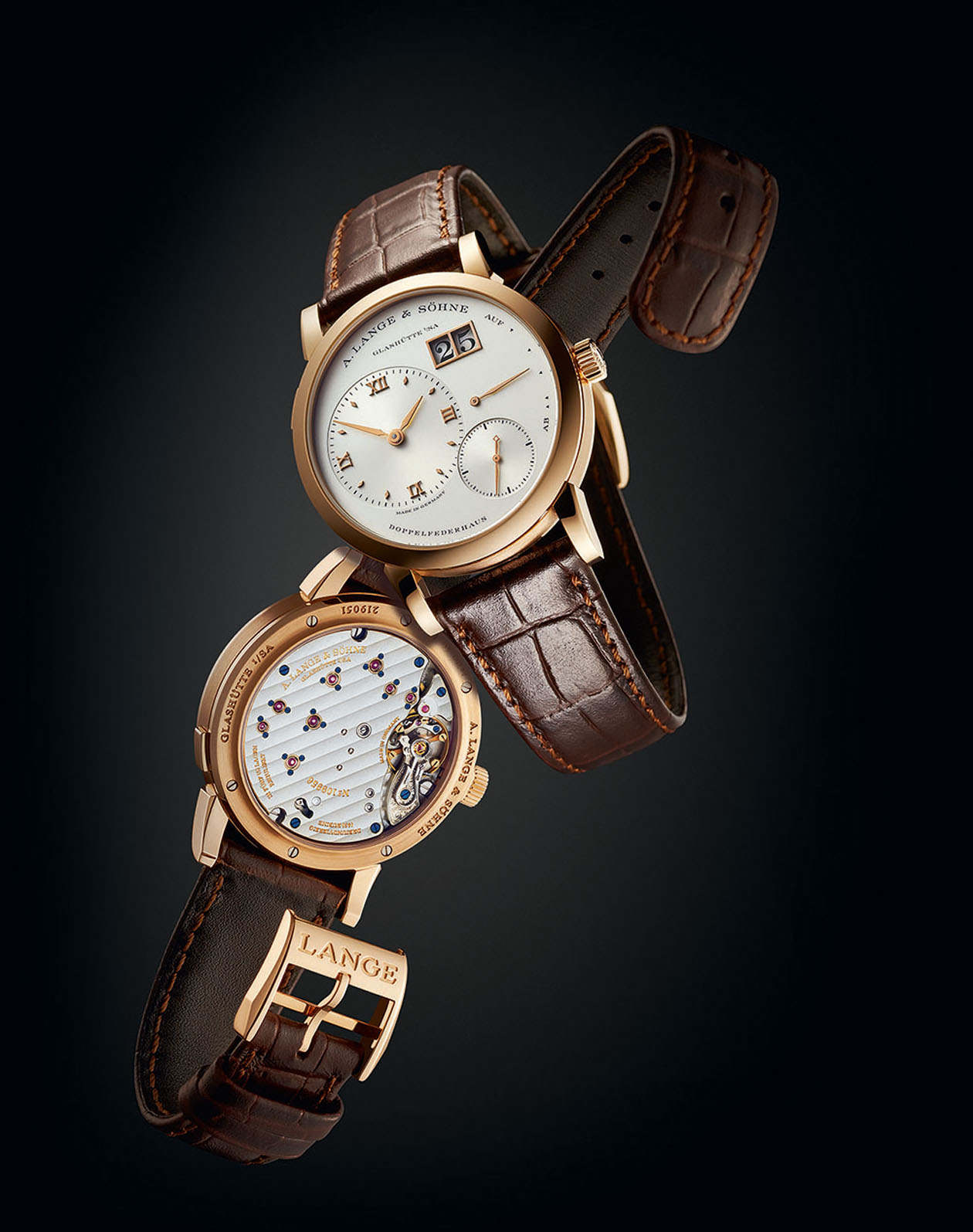 REFERENCE: 191.032 MOVEMENT: In-house Caliber L121.1, hand-wound, big date, power-reserve indicator, diameter = 30.6 mm, height = 5.7 mm, 21,600 vph, 43 jewels, 72-hour power reserve CASE: Rose gold, diameter = 38.5 mm, height = 9.8 mm, curved sapphire crystal with non-reflective coating on both sides, sapphire caseback secured with six screws, water-resistant to 30 meters STRAP AND CLASP: Alligator strap with rose-gold buckle VARIATIONS: Yellow gold; platinum