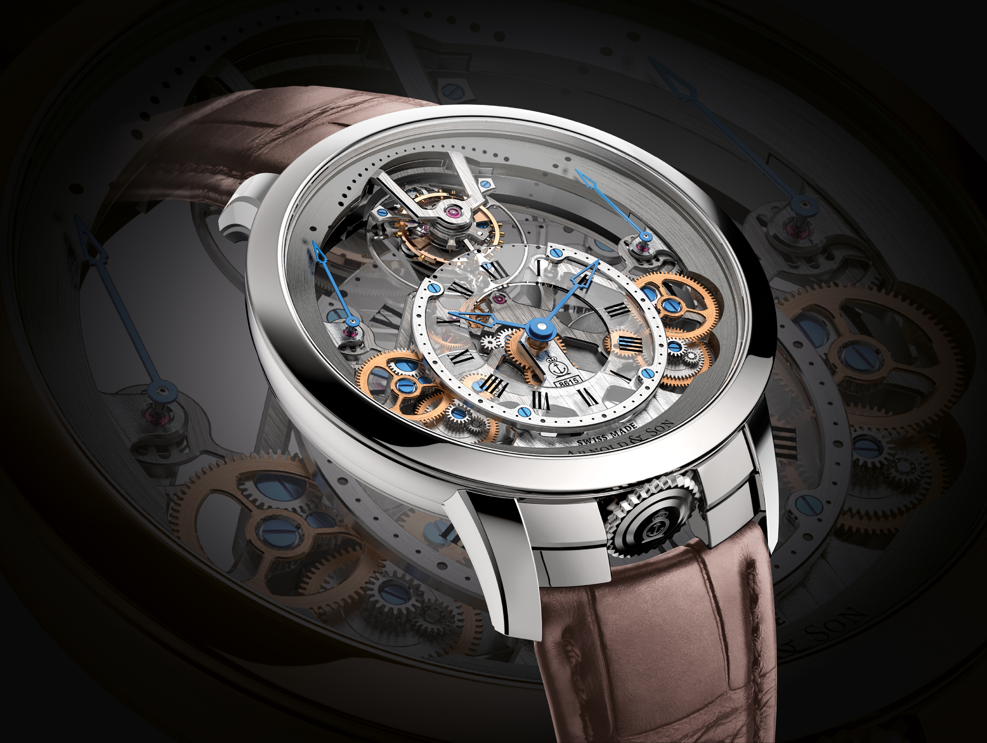 The iconic Time Pyramid makes a comeback with a skeletonised flying tourbillon movement seemingly afloat between two sapphire crystals. Equipped with the new calibre A&S8615, the watch pays tribute to the John Arnold's regulators with their distinctive hours, minutes, and seconds on different axes. Built on three levels, the movement offers a lively, three-dimensional face to the timepiece. The 44.6mm watch is available in two variations -  18K red gold and stainless steel – limited to 28 pieces each and priced at CHF 46,800 (approx.) and CHF 37,150 (approx.) respectively. 