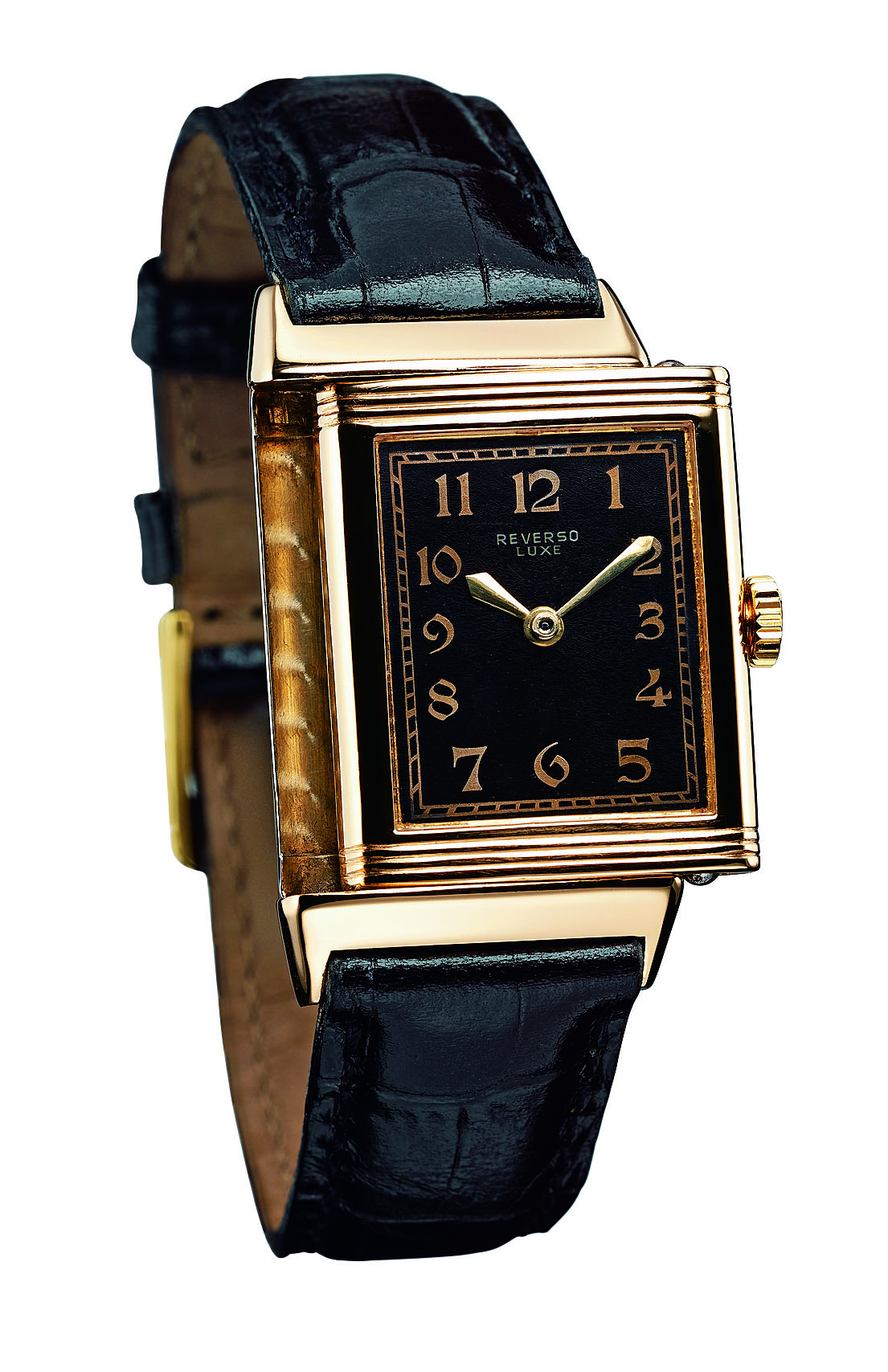 The Art Deco style also influenced the design of wristwatches. With a rectangular case engraved with parallel lines at its upper and lower margins, the Reverso was a child of its era. LeCoultre was one of its producers.