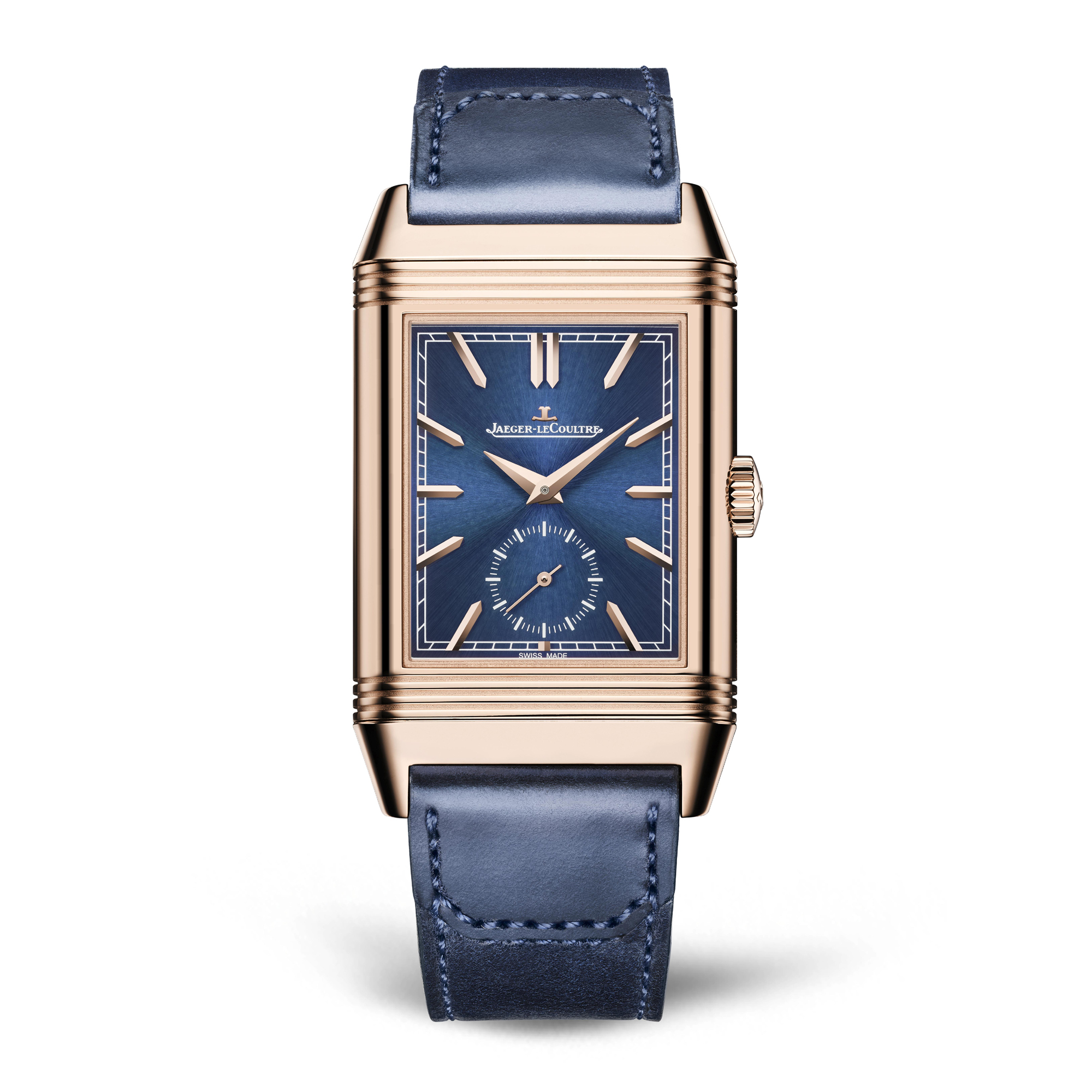 The special boutique-only edition comes in a limited series of 100 pieces. The two textured dials come encased in pink gold. The front dial is a blue sunray-brushed hue.