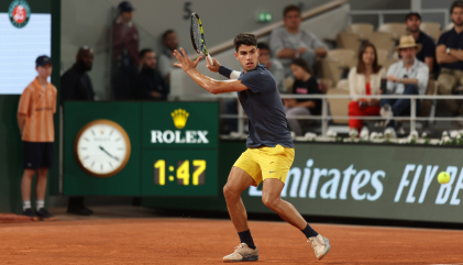 ROLEX TESTIMONEE CARLOS ALCARAZ HITS A FOREHAND AT ROLAND-GARROS 2024- Open lightbox  Download  Share  Add to bookmark